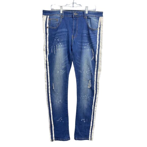 M Society Denim Jeans Mens Actual Size 38Wx31 Blue Paint Splattered Side Stripes - Picture 1 of 13